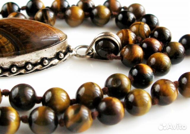 Большой Кулон Серебро и Старинные Бусы Глаз Тигра