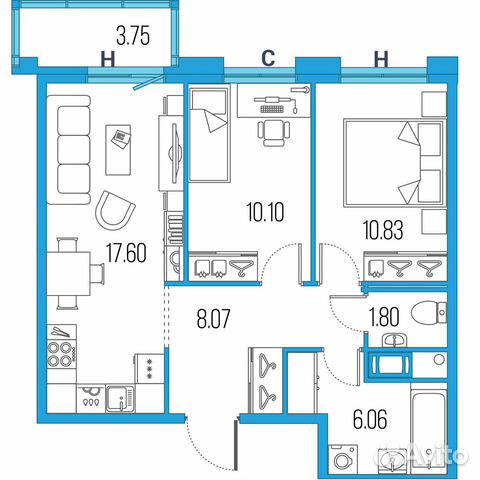 2-к квартира, 54.5 м², 21/22 эт.