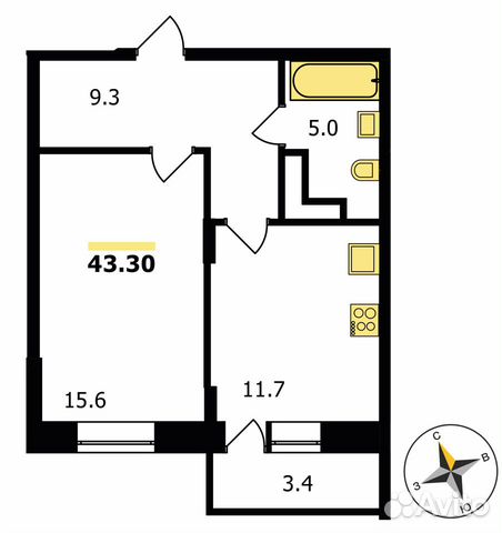 1-к квартира, 43.3 м², 2/19 эт. 1-к квартира, 43.3 м², 2/19 эт.