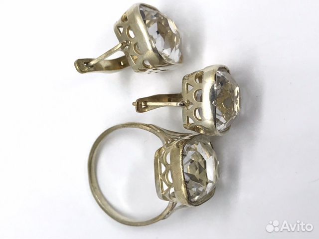 Серебро875 горный хрусталь, серьги кольцо