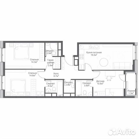 3-к квартира, 87.4 м², 13/16 эт.