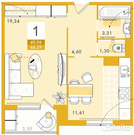 1-к квартира, 44.3 м², 7/10 эт. 1-к квартира, 44.3 м², 7/10 эт.