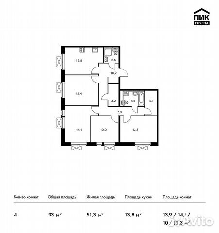 4-к квартира, 93 м², 2/15 эт. 4-к квартира, 93 м², 2/15 эт.