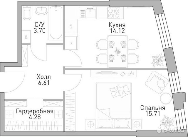 1-к квартира, 44.4 м², 30/39 эт.