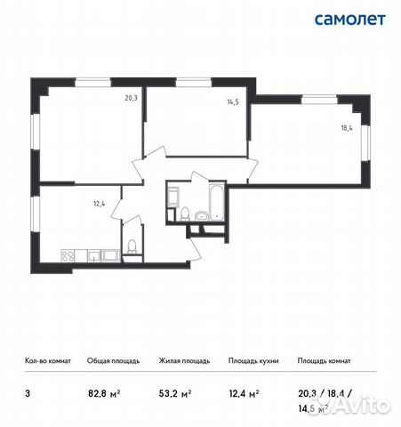 3-к квартира, 82.8 м², 8/19 эт. 3-к квартира, 82.8 м², 8/19 эт.