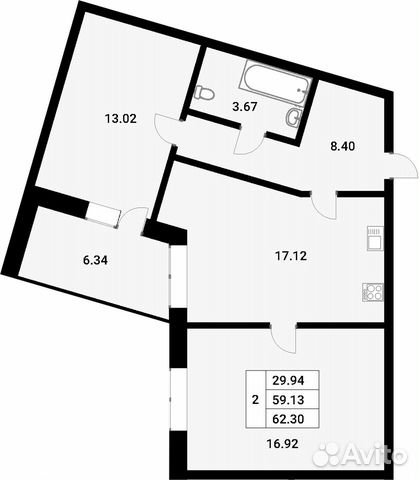 2-к квартира, 62.3 м², 2/19 эт.