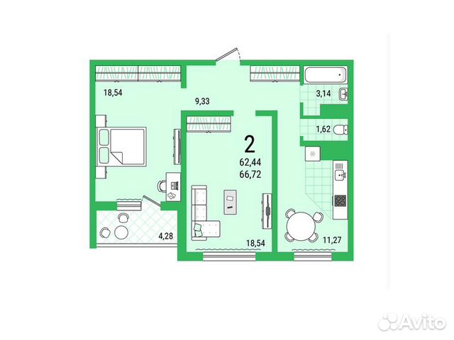 2-к квартира, 62.4 м², 5/25 эт.