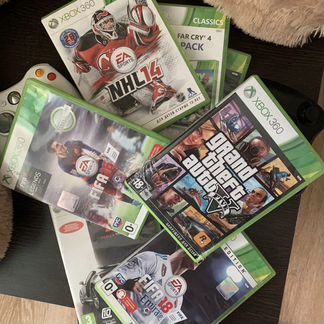 Xbox 360 Slim + 2 геймпада + 8 игр