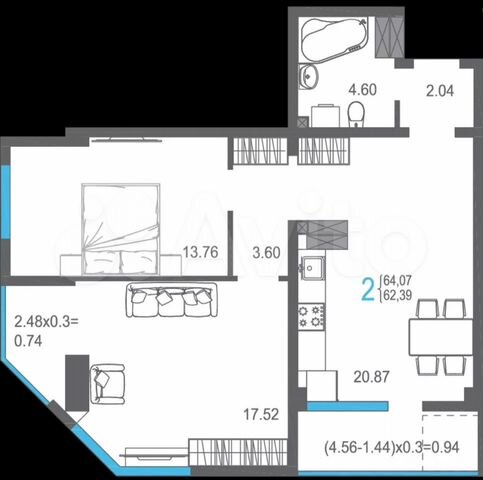 2-к. квартира, 64,1 м², 15/18 эт.