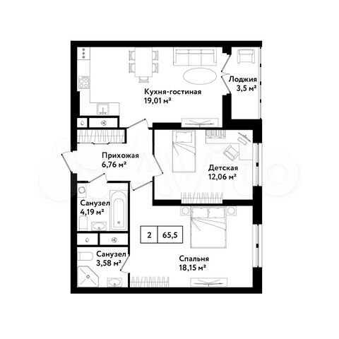 2-к. квартира, 65,5 м², 12/25 эт.
