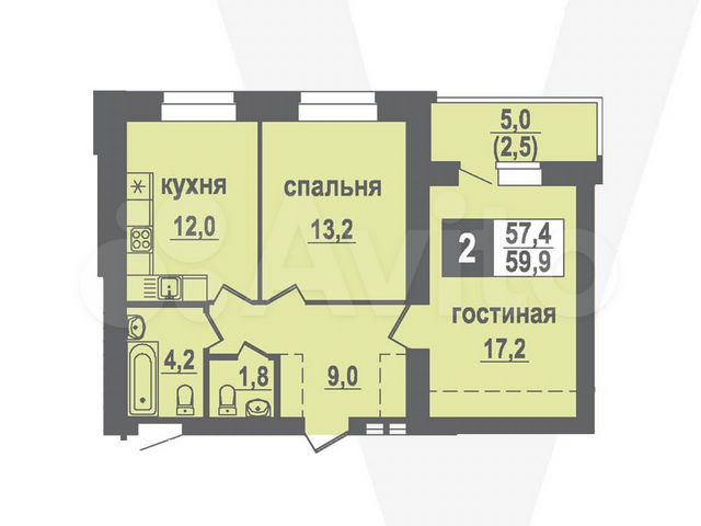 2-к. квартира, 59,9 м², 1/10 эт.