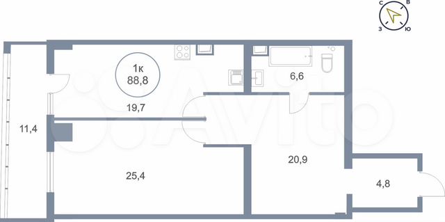 1-к. квартира, 88,8 м², 13/25 эт.