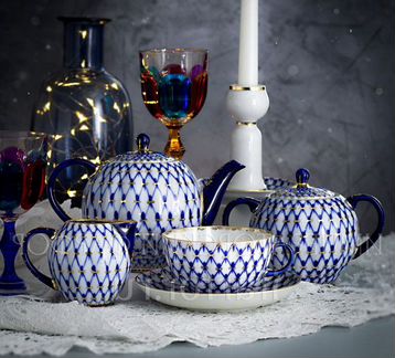 Сервиз чайный ифз кобальтовая сетка Тюльпан золото