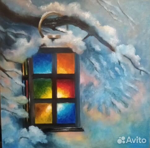 Картина маслом Зимний Пейзаж Фонарь в снегу