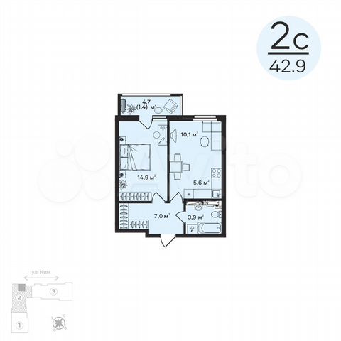 2-к. квартира, 42,9 м², 5/12 эт.