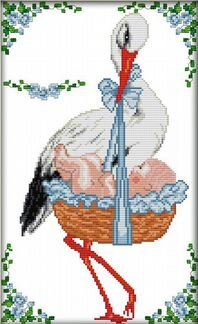 Вышивка крестиком метрика Аист и малыш мальчик