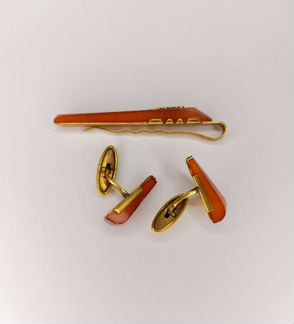 Зажим для галстука и запонки янтарь