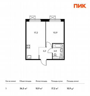 1-к квартира, 36.3 м², 6/9 эт.