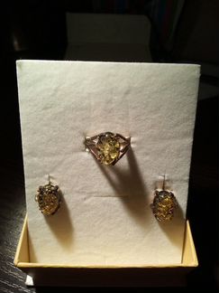 Серьги и кольцо серебро с позолотой и с янтарем
