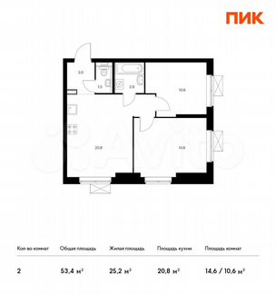 2-к квартира, 53.4 м², 12/33 эт.