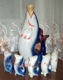 Фарфор. Рыбья семейка. Графин + стопки