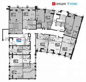 2-к апартаменты, 61.4 м², 9/9 эт.