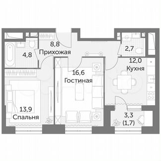 2-к квартира, 60 м², 11/34 эт.